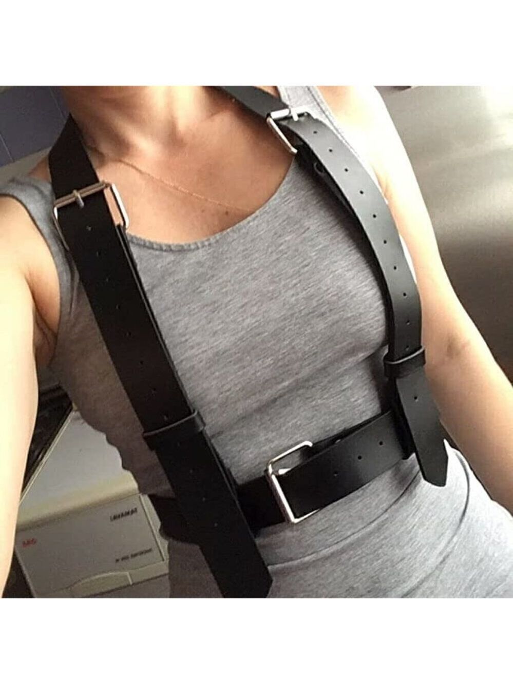 𝅺BLACK Leather Top Shoulder Waist Harness Belt BDSM Slave Fetish Bondage Gothic